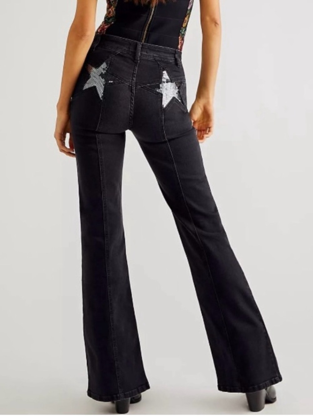 Free People Firecracker Black Jeans with Sequin Star Pockets Size 29